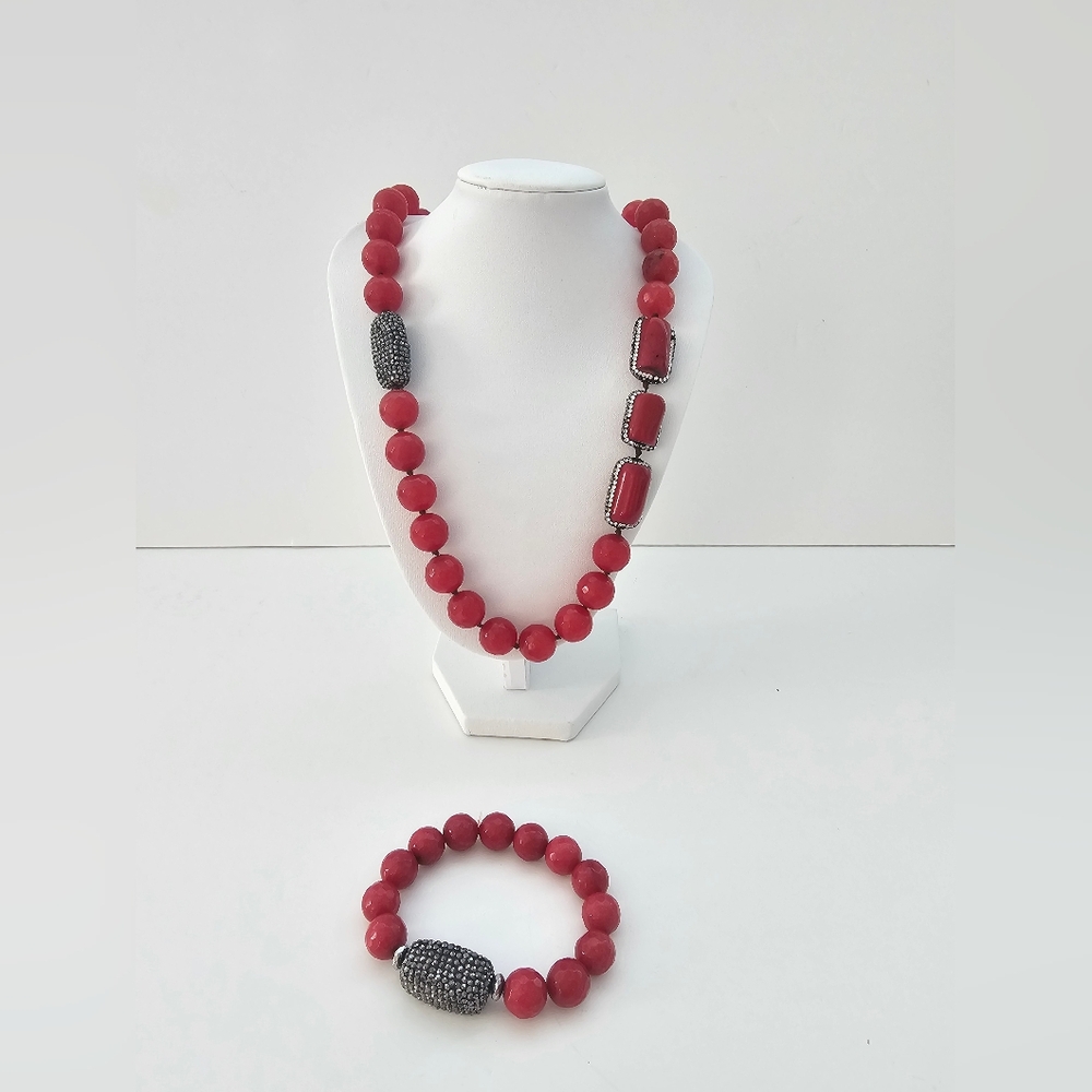 Artisan Hand-Knotted Red Sponge Coral & Faceted Stone Statement Jewelry Set